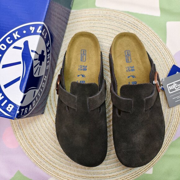 Birkenstock Boston Clogs | Women's Narrow Fit Mocha Suede - Picture 1 of 6